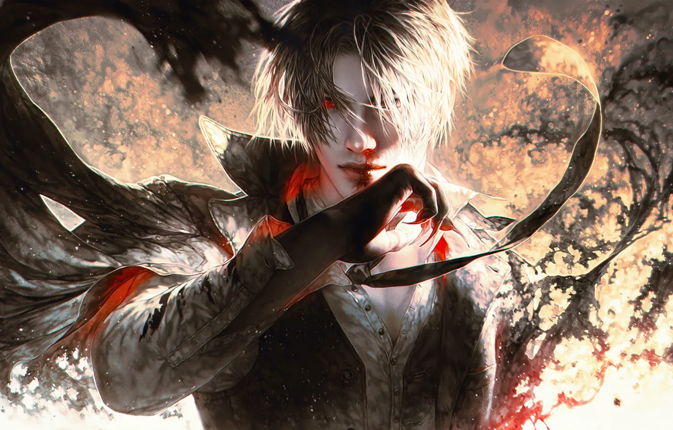 Фото обои кровь, рука, demon, мужчина, парень, anime, art