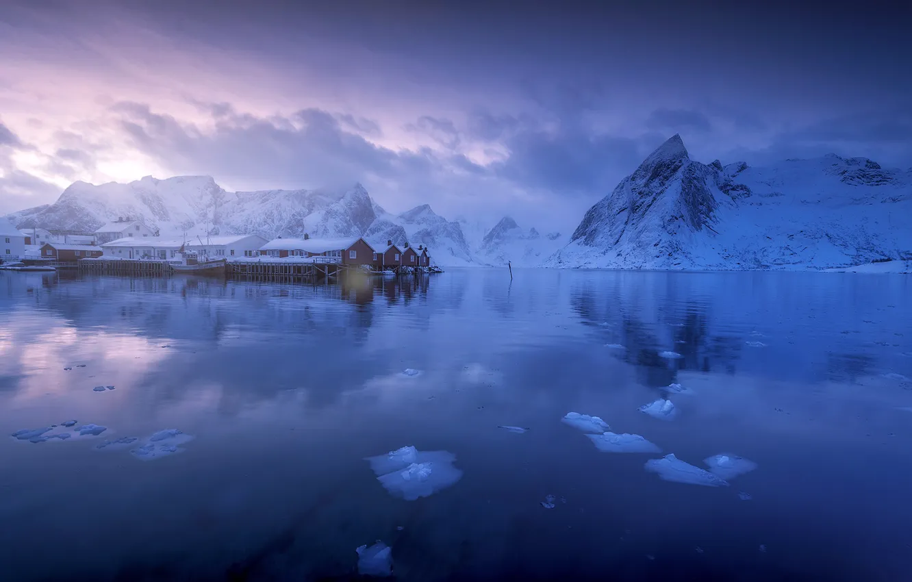 Фото обои зима, горы, Норвегия, домики, Norway, фьорд, Лофотен, Лофотенские острова