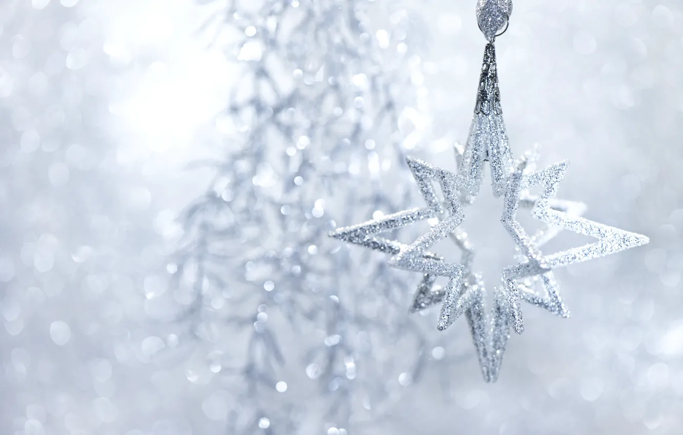 Фото обои зима, игрушка, звезда, блестки, Новый Год, Рождество, серебристая, мишура