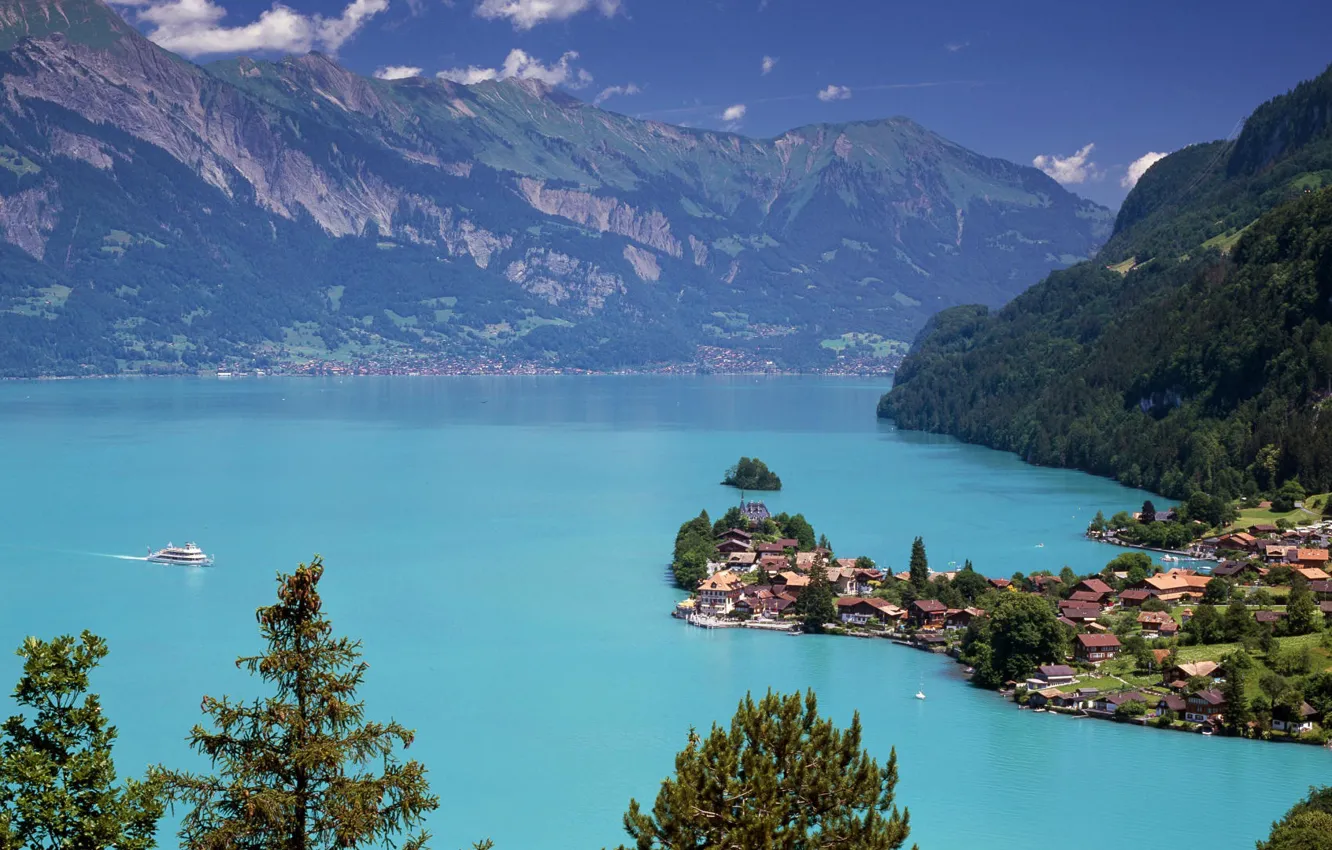 Фото обои Switzerland, Lake Brienz, Iseltwald, еhe bird's eye view