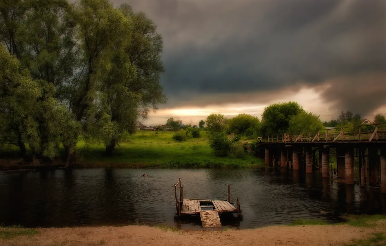 Фото обои пейзаж, ночь, мост, река, HDR