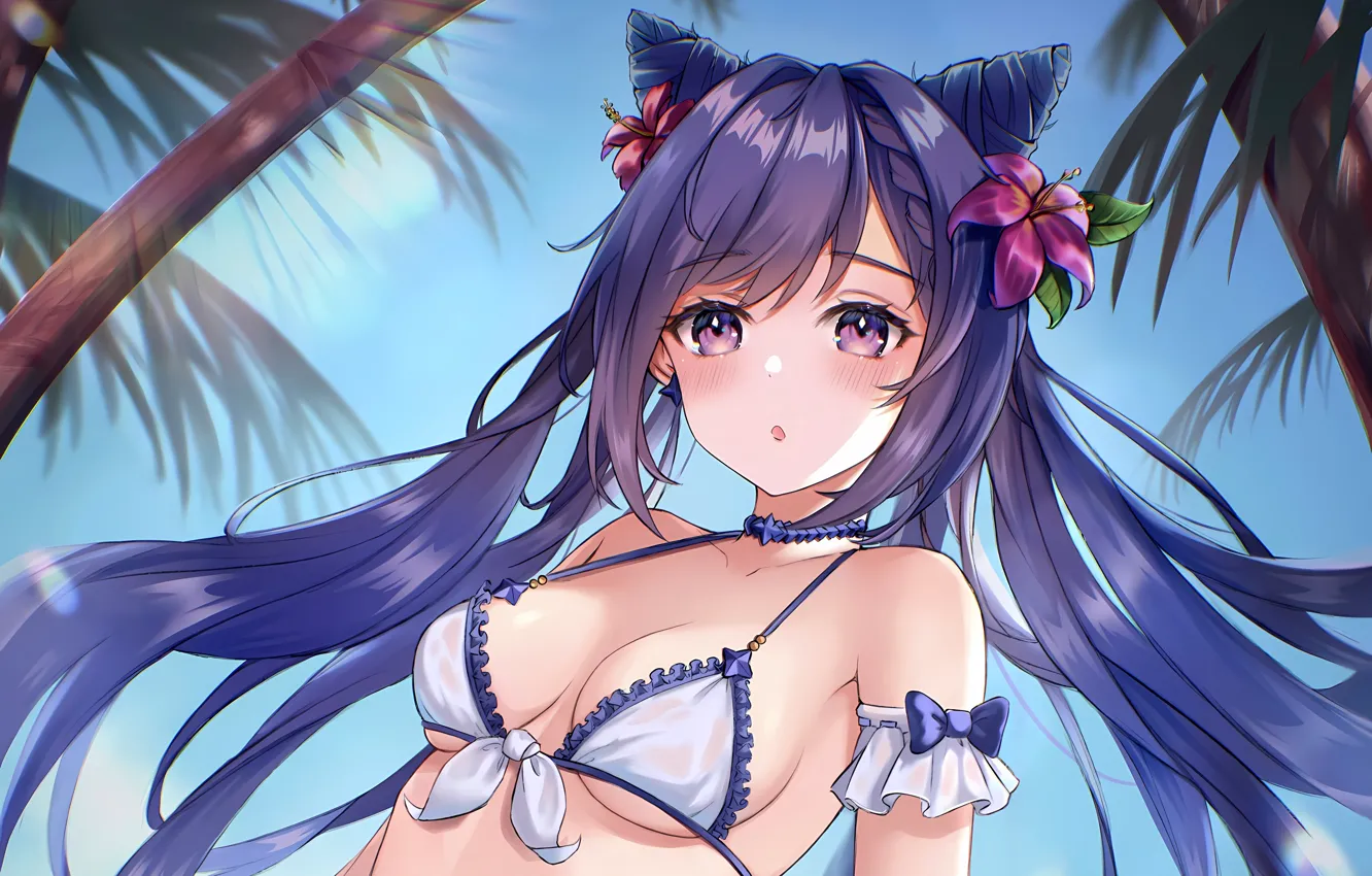 Фото обои girl, sexy, cleavage, long hair, boobs, anime, beautiful, purple eyes