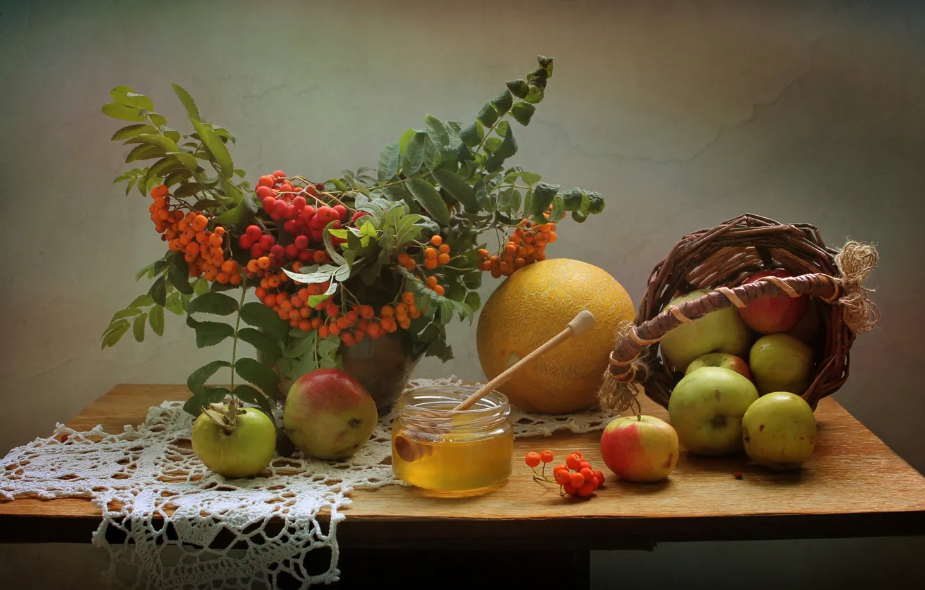 Фото обои лето, яблоки, мед, август, натюрморт, рябина, дыня, яблочный спас