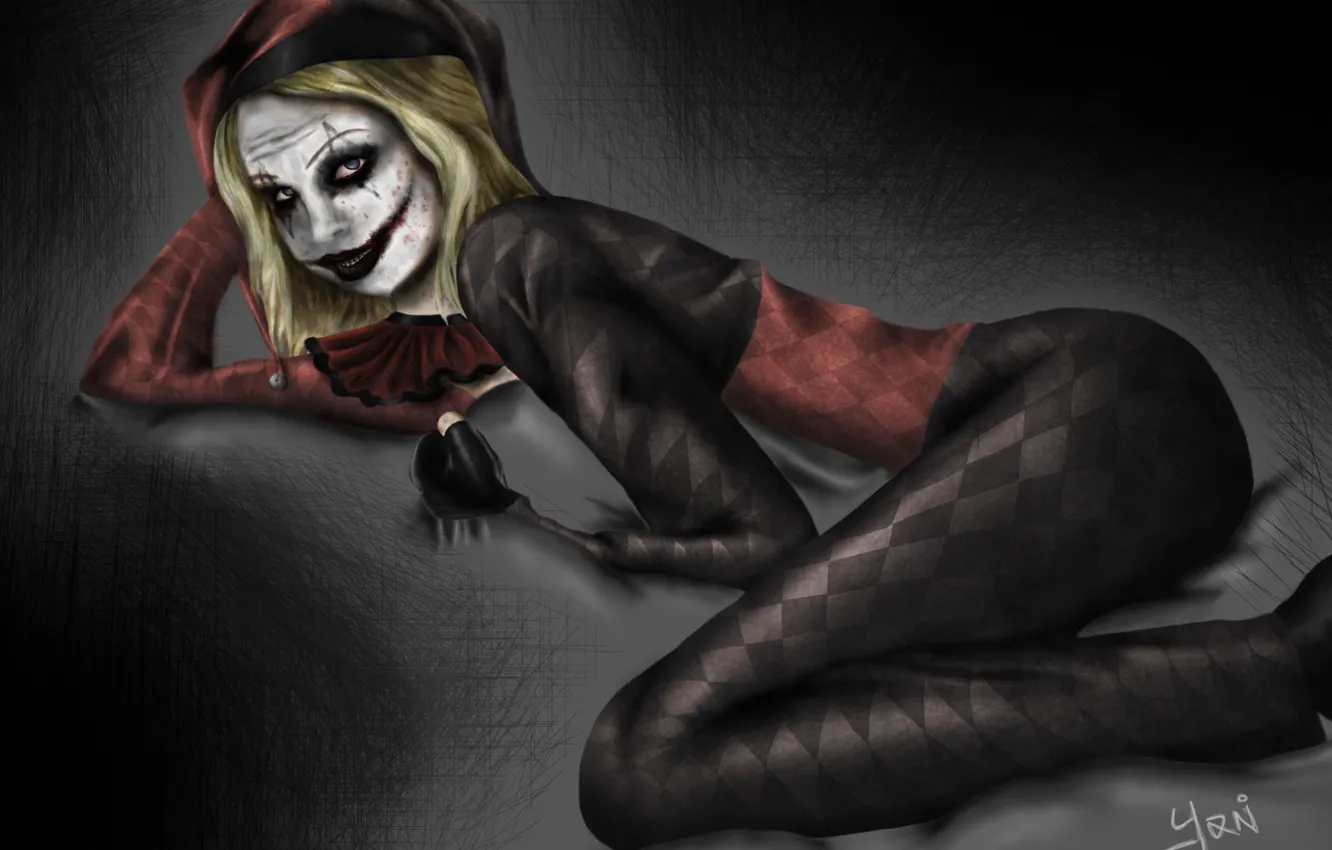 Фото обои взгляд, арт, костюм, Harley Quinn, Злодейка