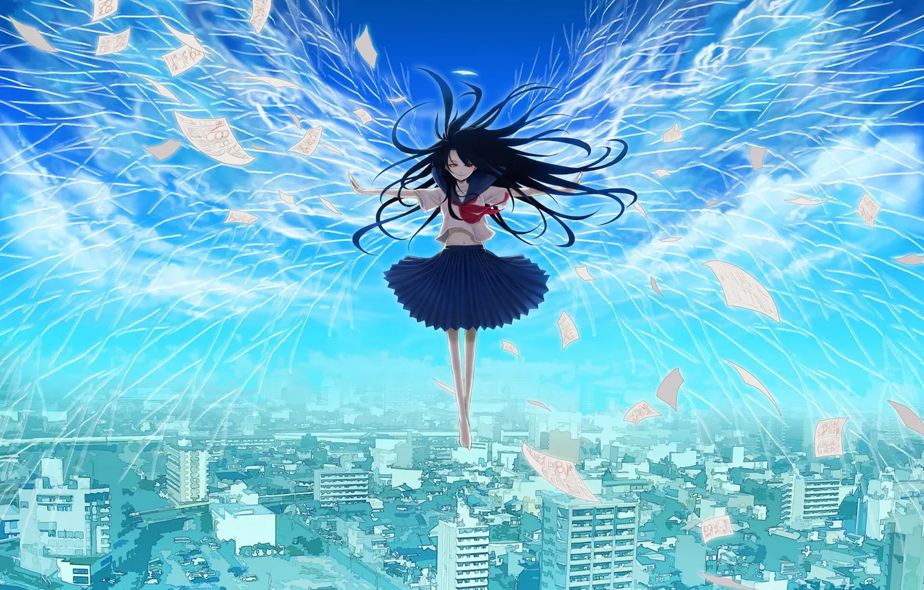 Фото обои небо, девушка, дома, крылья, аниме, листы, форма