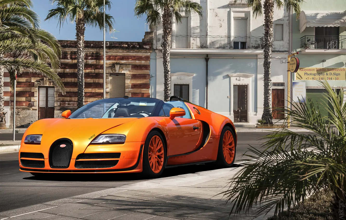 Фото обои оранжевый, пальмы, Bugatti, Veyron, бугатти, передок, вейрон, Vitesse