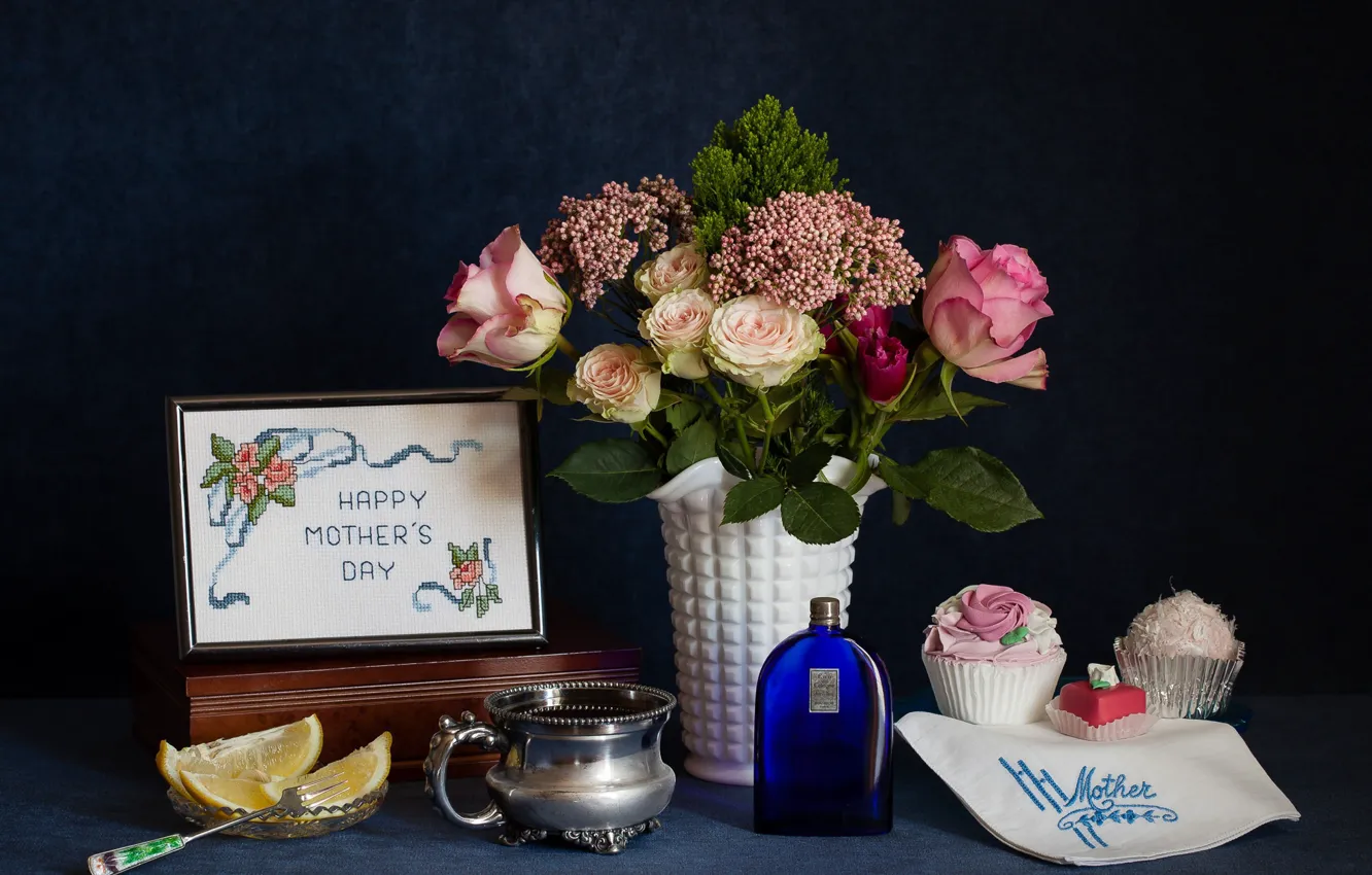 Фото обои цветы, лимон, розы, букет, цитрус, натюрморт, пирожные
