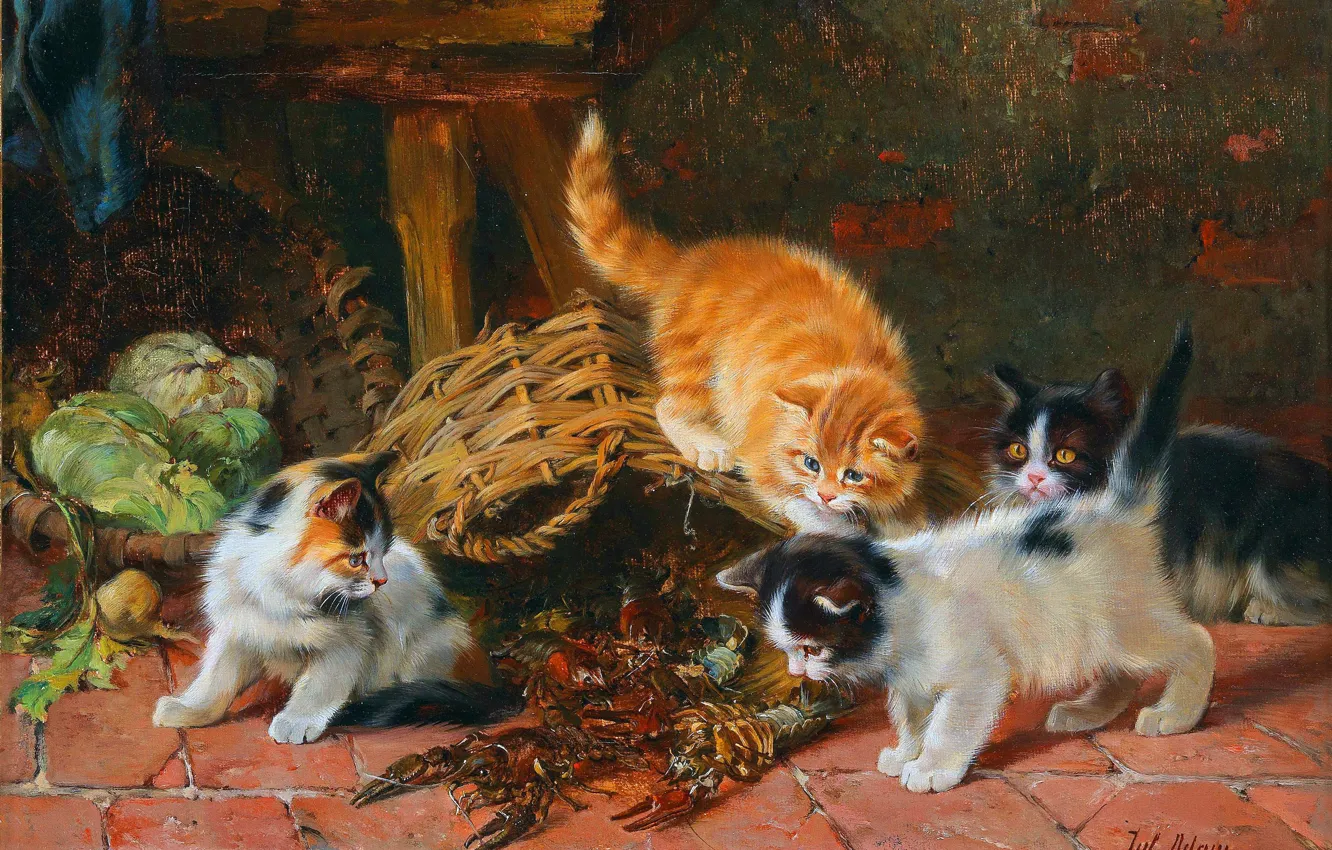 Фото обои Котята, Картина, Корзина, Киски, Четверо, Раки, Юлиус Антон Адам, Julius Anton Adam