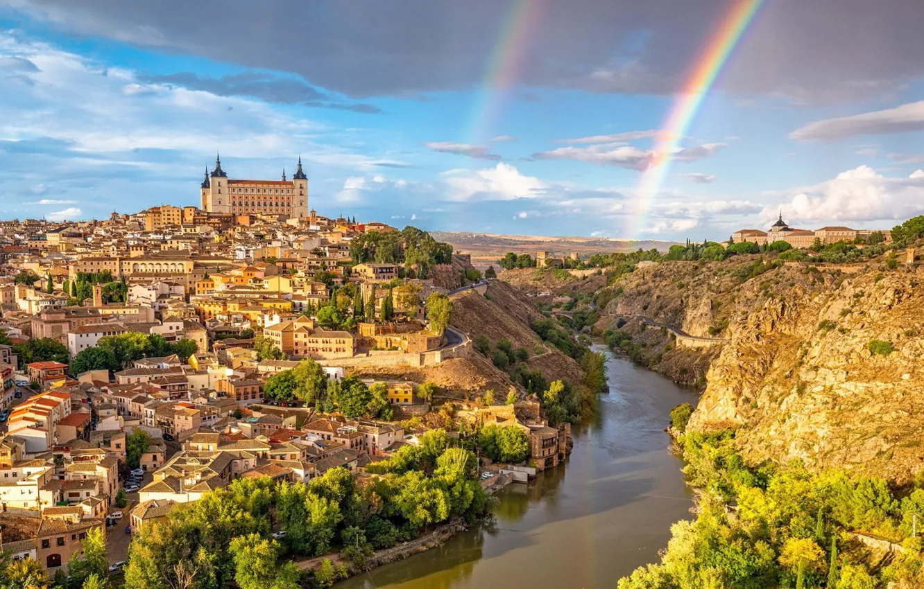 Фото обои город, река, Испания, Толедо, Toledo con dos Arco Iris