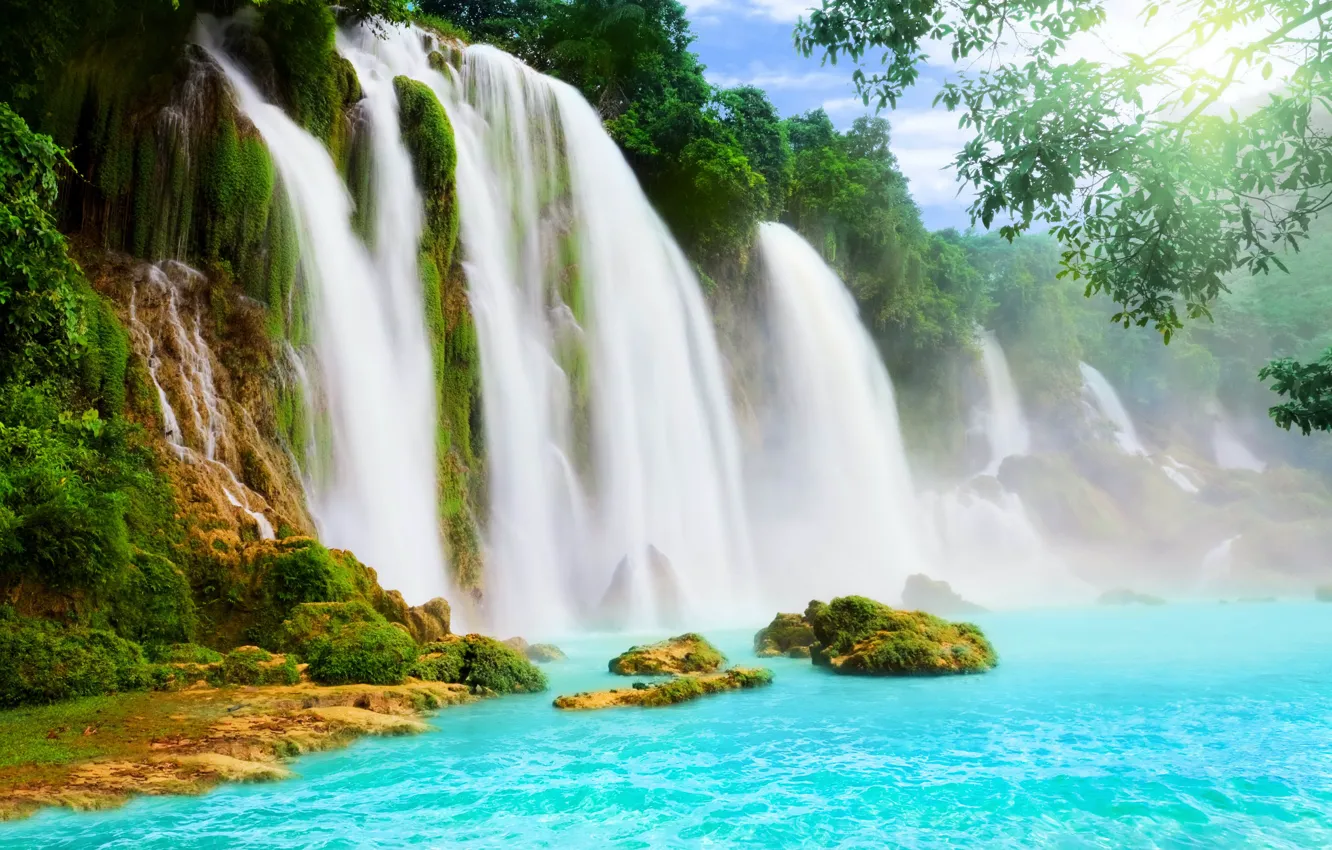Фото обои вода, водопад, водопады, деревья.
