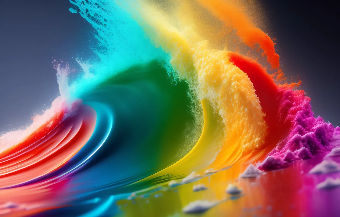 Фото обои брызги, краски, яркие, волна, разноцветная, нейросеть