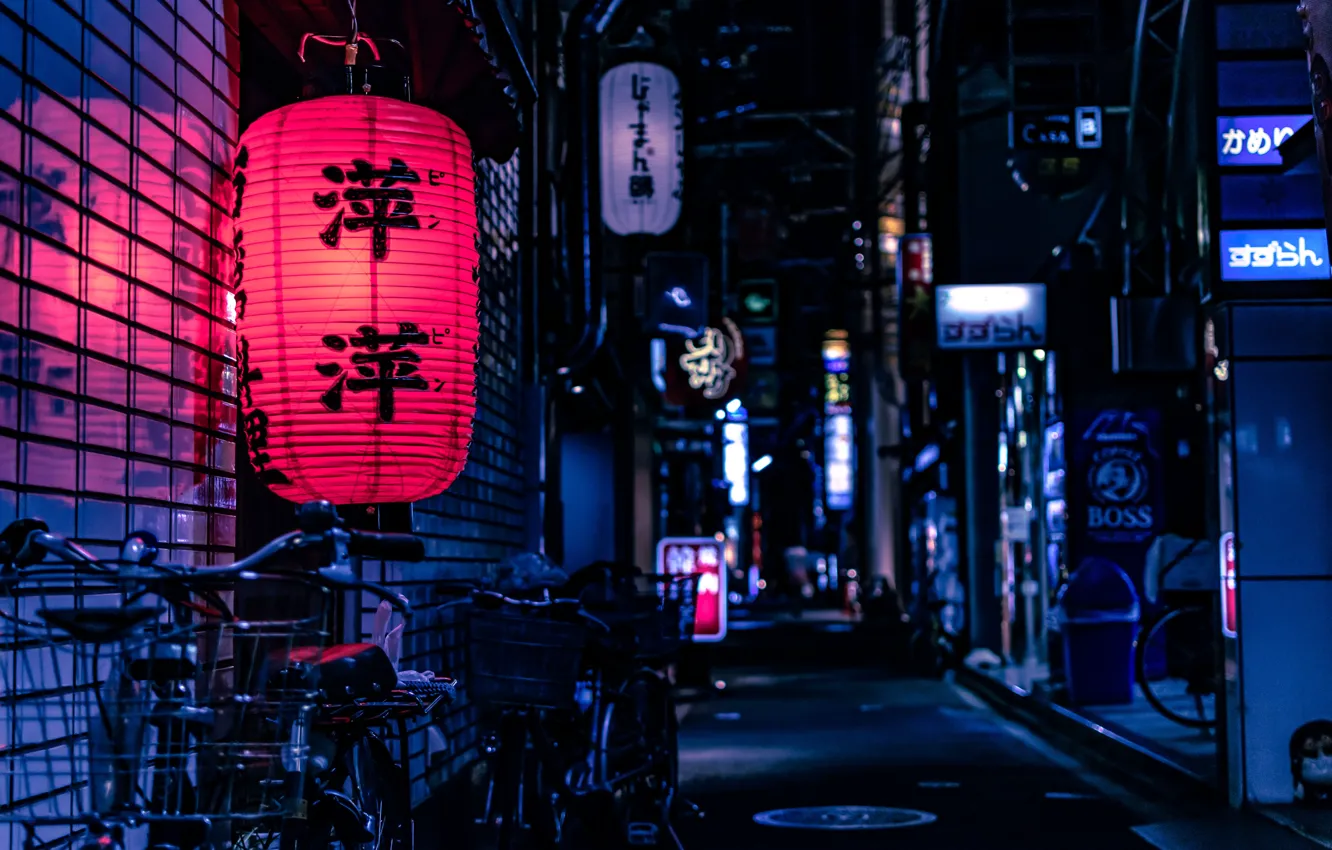 Фото обои ночь, велосипед, улица, азия, япония, реклама, иероглифы, киото