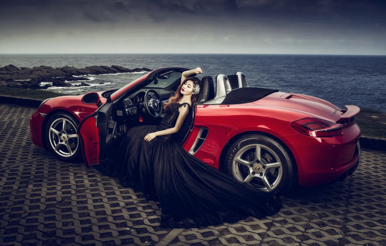 Фото обои море, машина, авто, девушка, поза, стиль, Porsche, платье