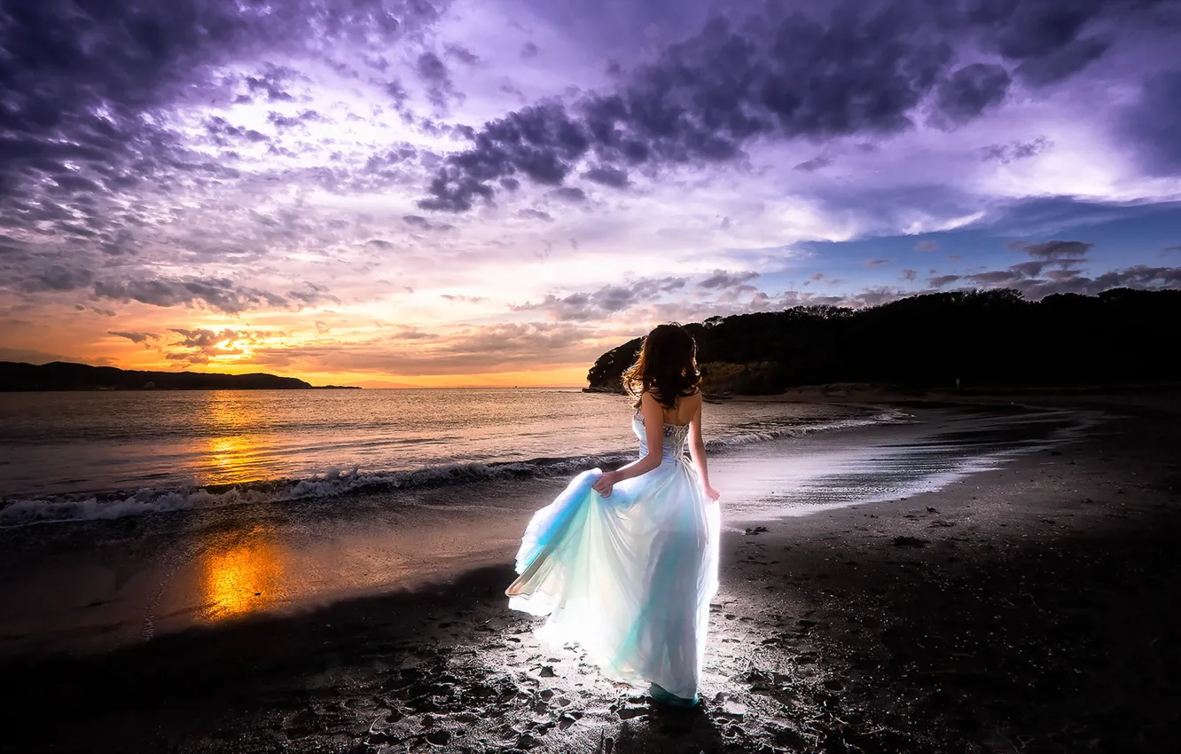 Фото обои море, девушка, закат