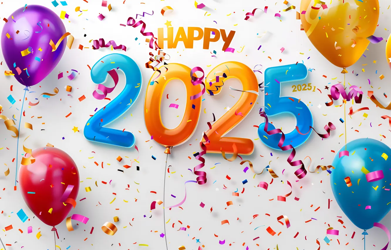 Фото обои Новый год, Праздник, New Year, Balloons, Confetti, Celebrations, Happy New Year 2025, Festive season
