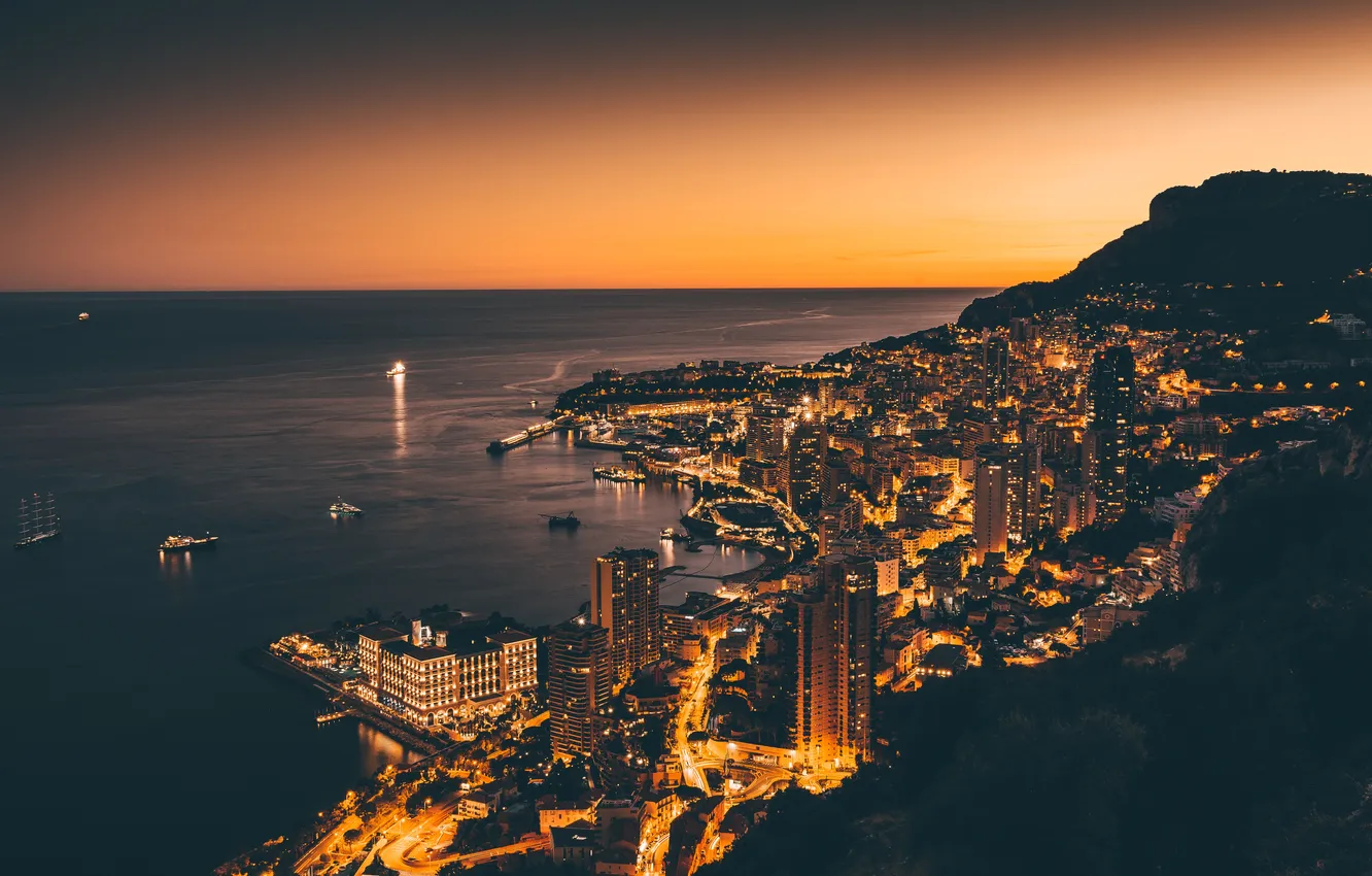 Фото обои lights, sunset, night, harbor, Monte-Carlo, marina