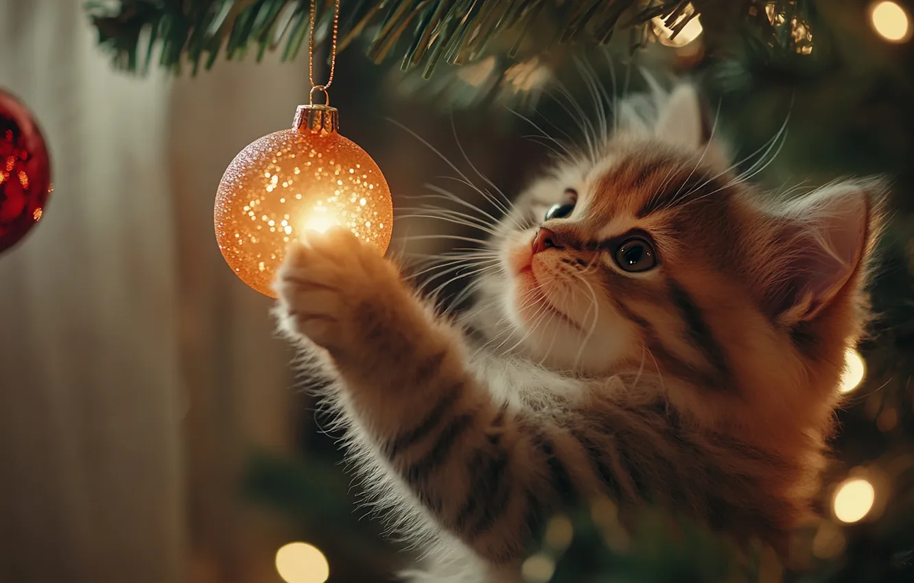 Фото обои кошка, взгляд, свет, ветки, огни, поза, котенок, серый