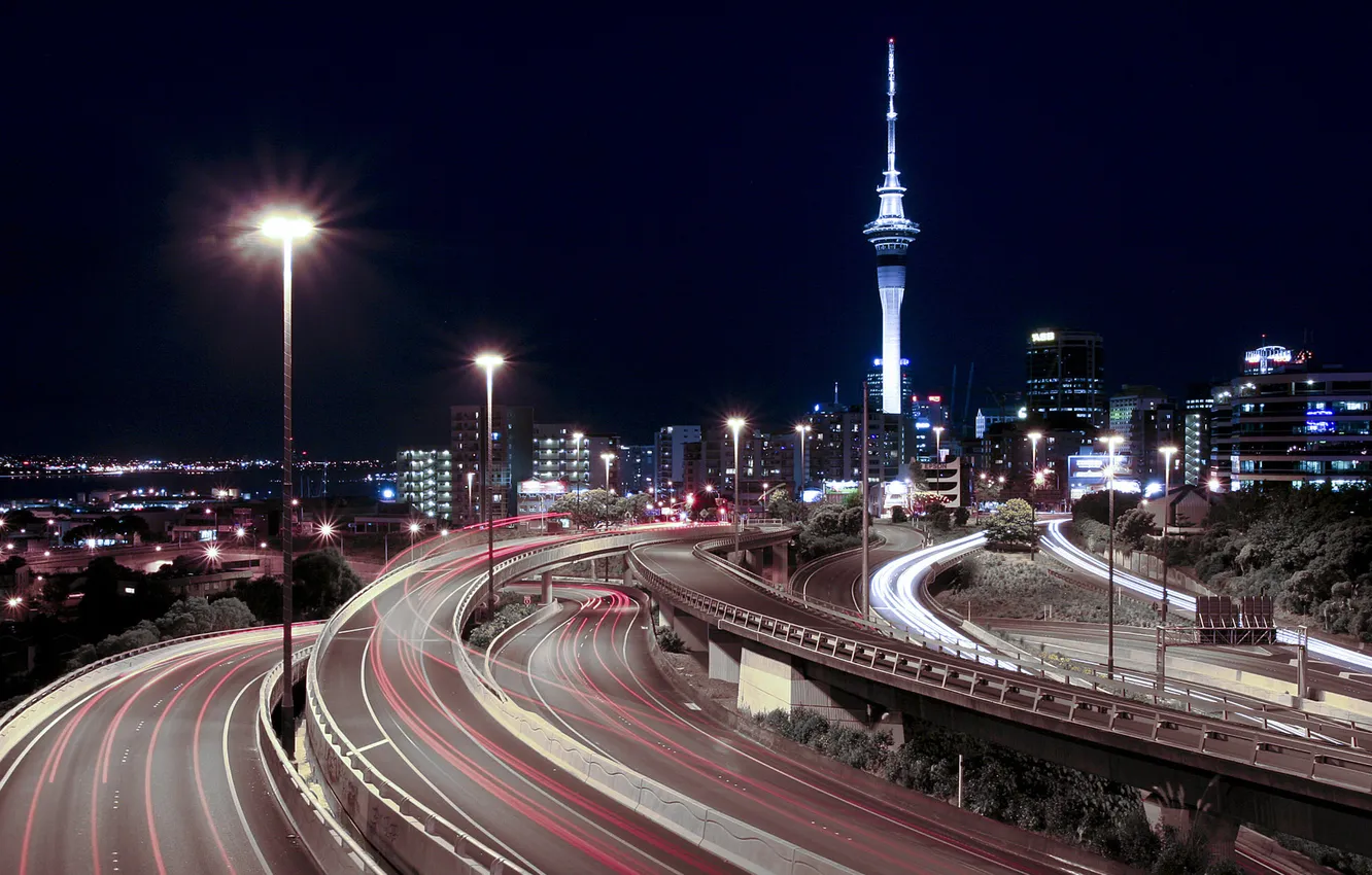 Фото обои дорога, ночь, огни, Новая Зеландия, Окленд, New Zealand, Auckland, night