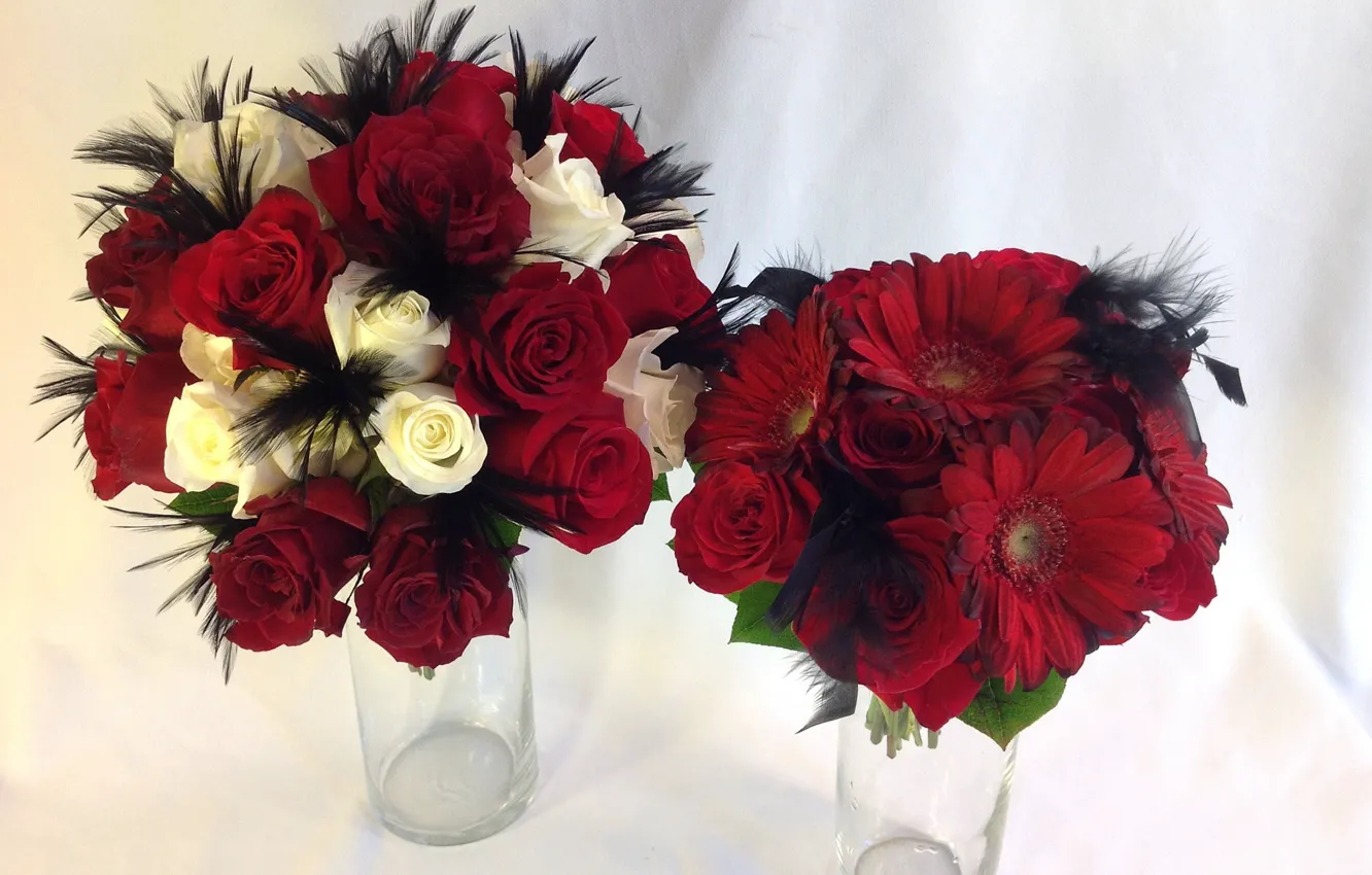 Фото обои розы, красные, белые, герберы, букеты