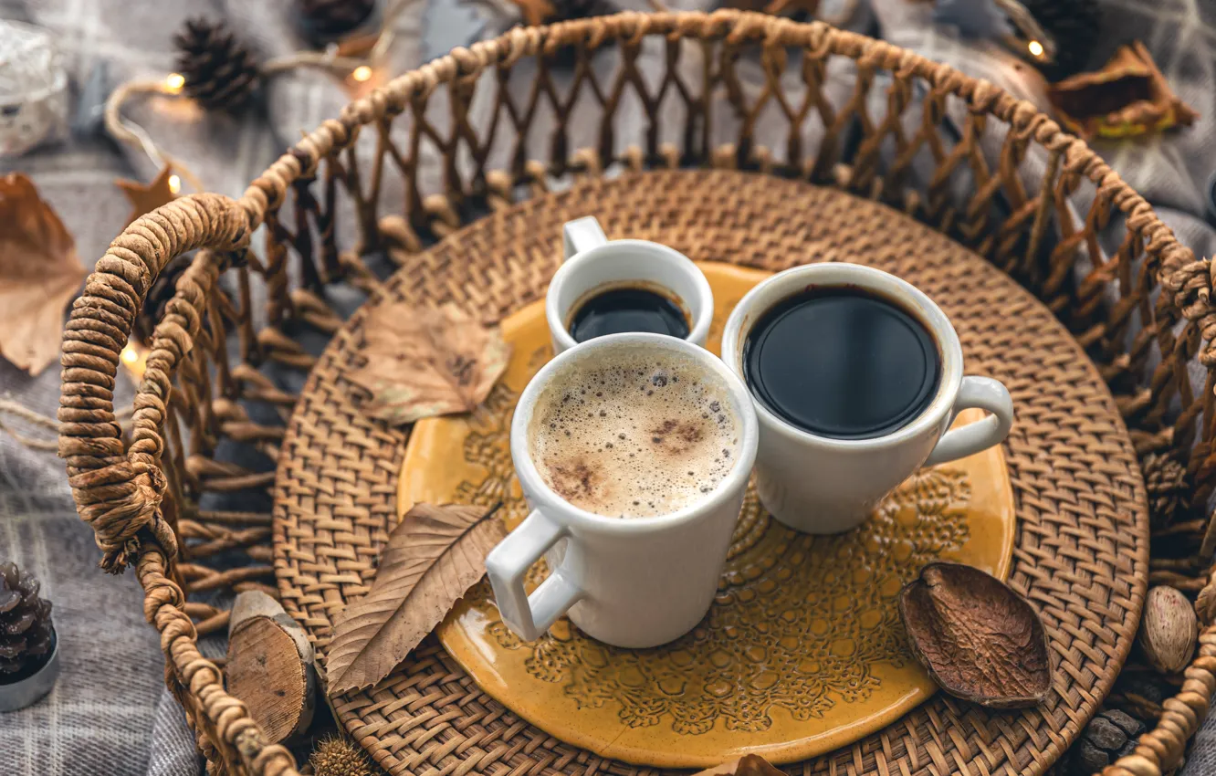 Фото обои осень, уют, тепло, стол, кофе, чашки, чашка, ткань