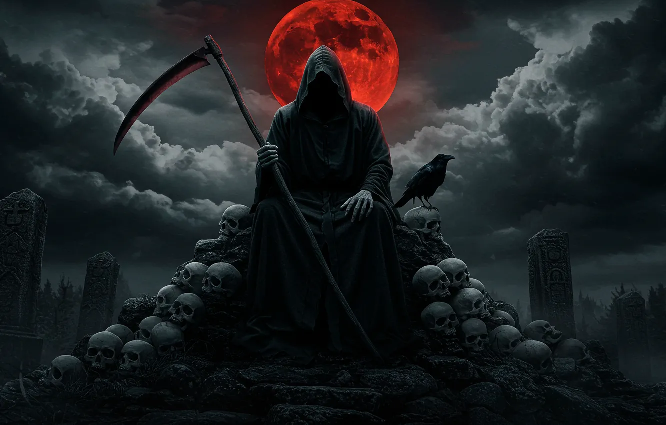 Фото обои смерть, обои, луна, арт, wallpaper, коса, moon, ворон