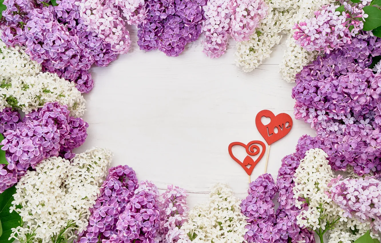 Фото обои цветы, heart, wood, flowers, сирень, romantic, lilac, frame