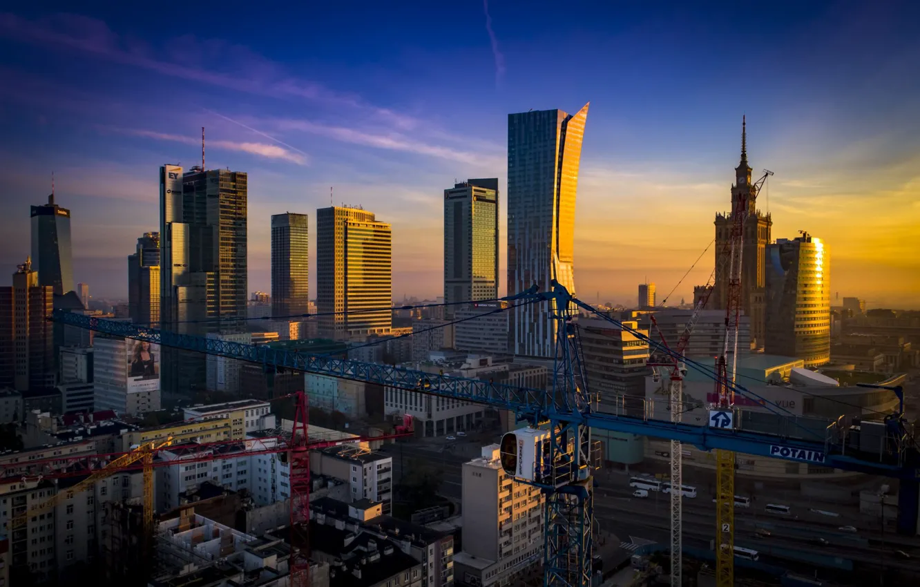Фото обои ночь, небоскребы, Польша, Варшава