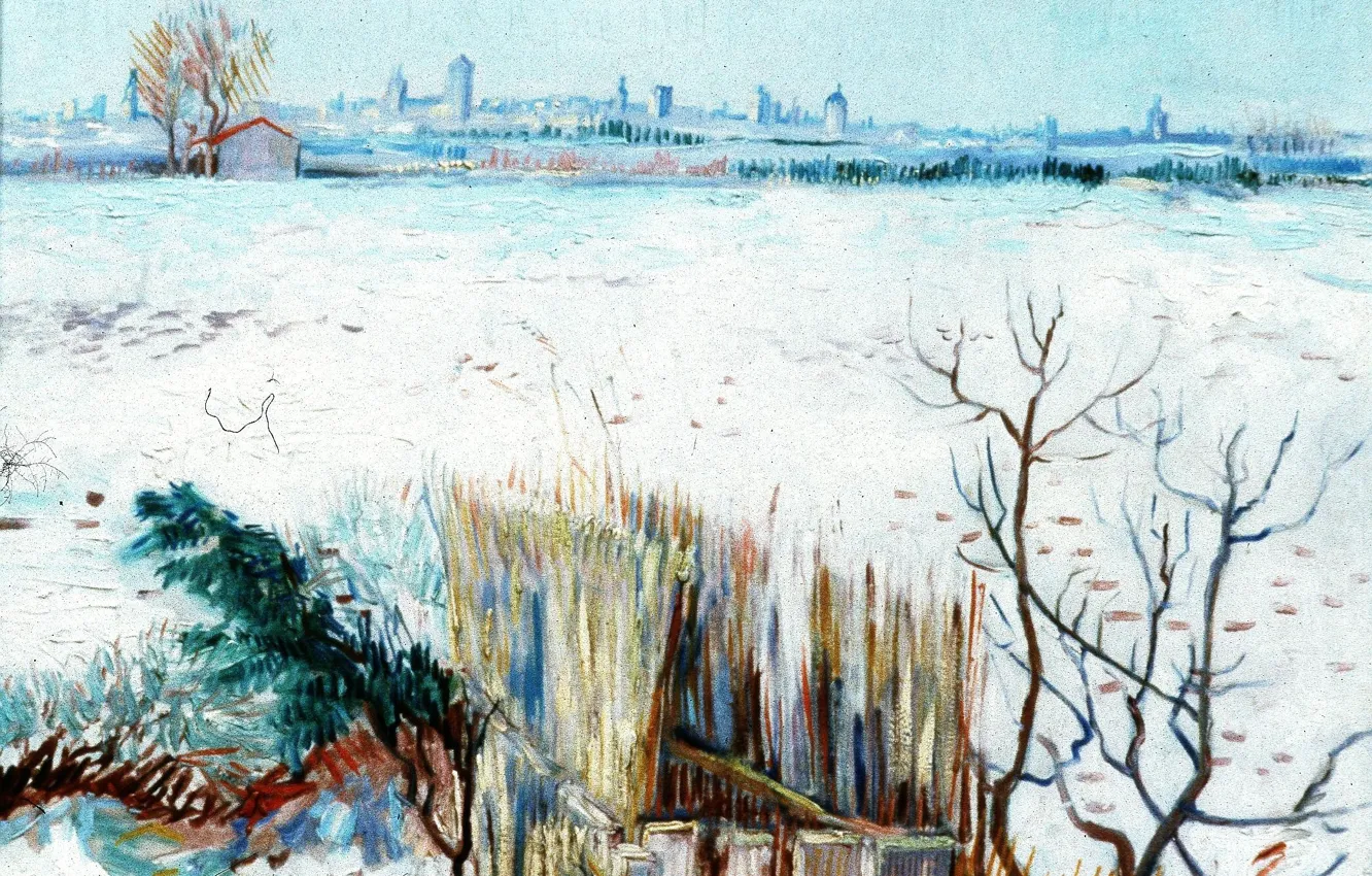 Фото обои зима, Vincent van Gogh, with Arles in the Background, Snowy Landscape