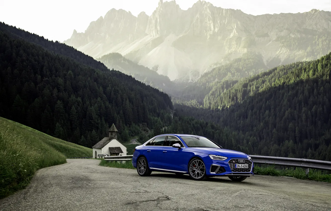 Фото обои синий, Audi, седан, Audi A4, на дороге, Audi S4, 2019