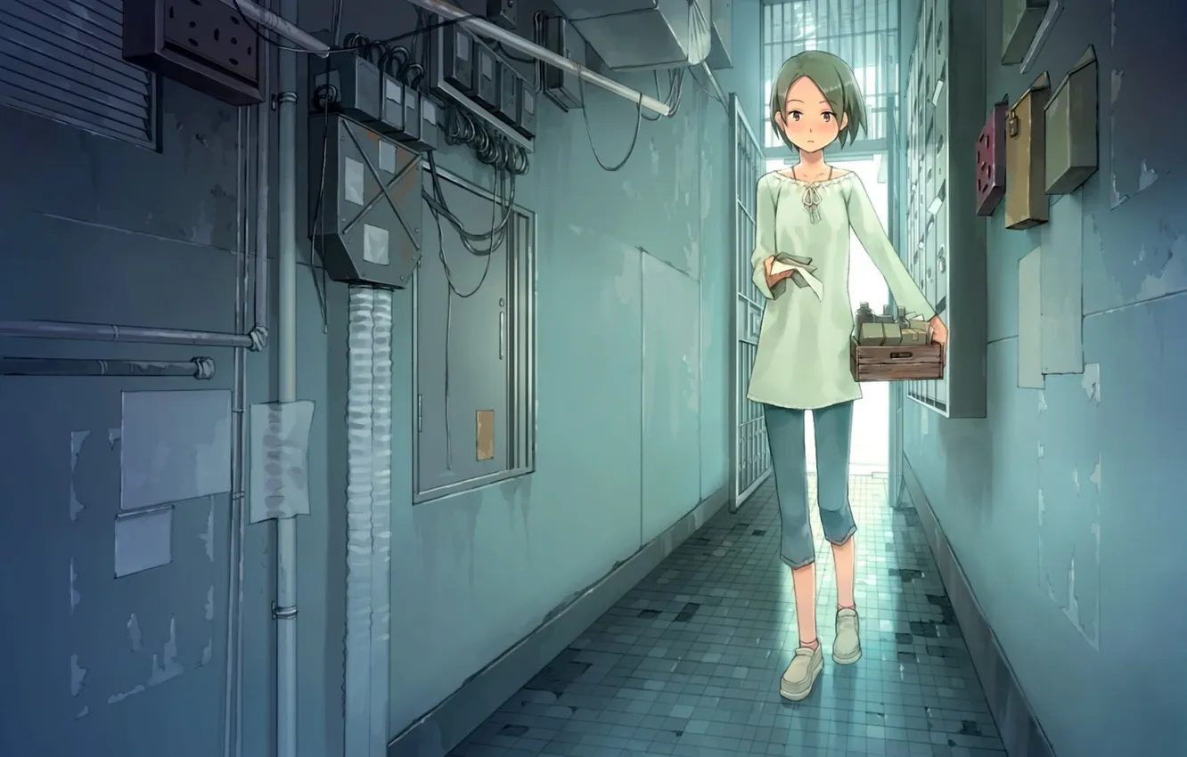 Фото обои провода, арт, коридор, девочка, записи, ящик, yoshida seiji
