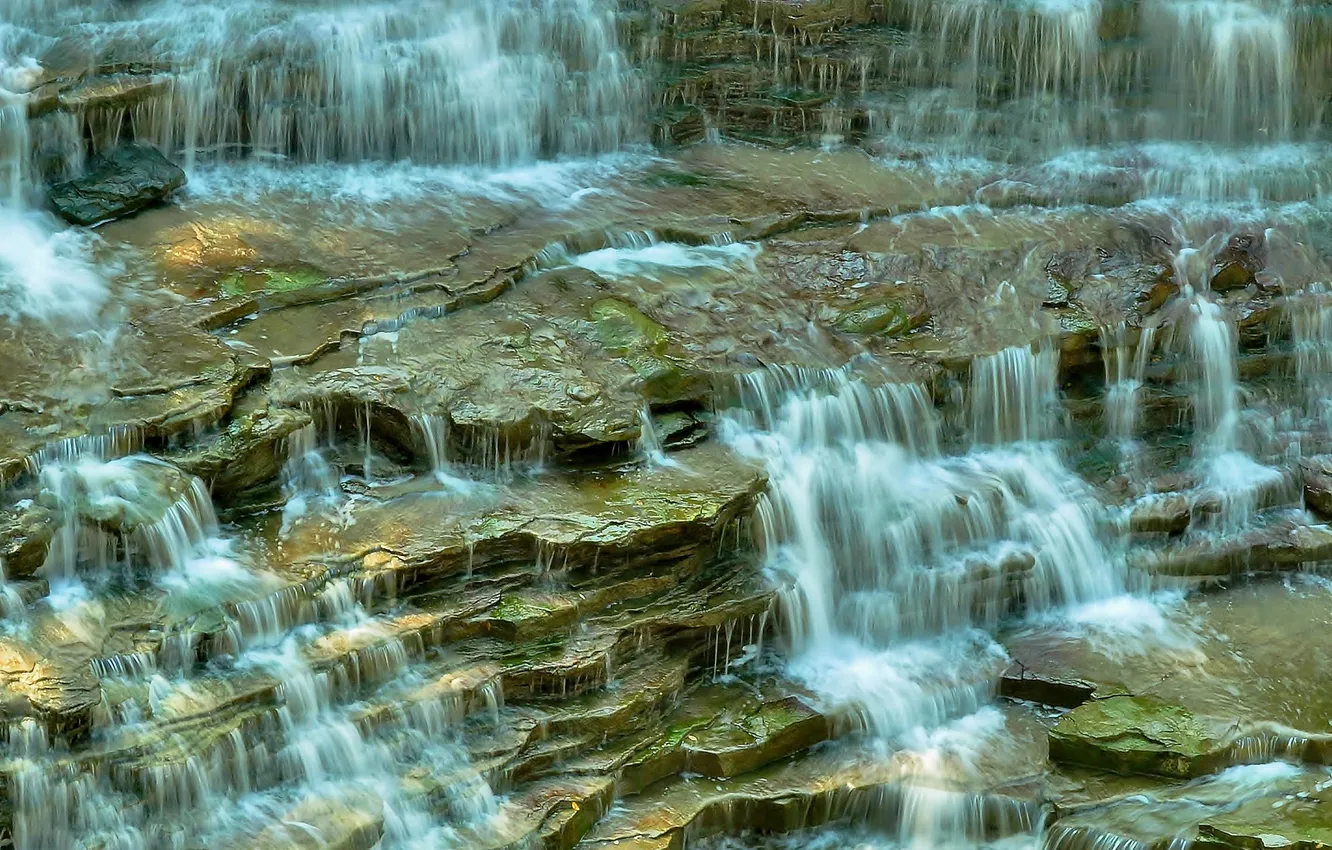 Фото обои скалы, водопад, поток, каскад