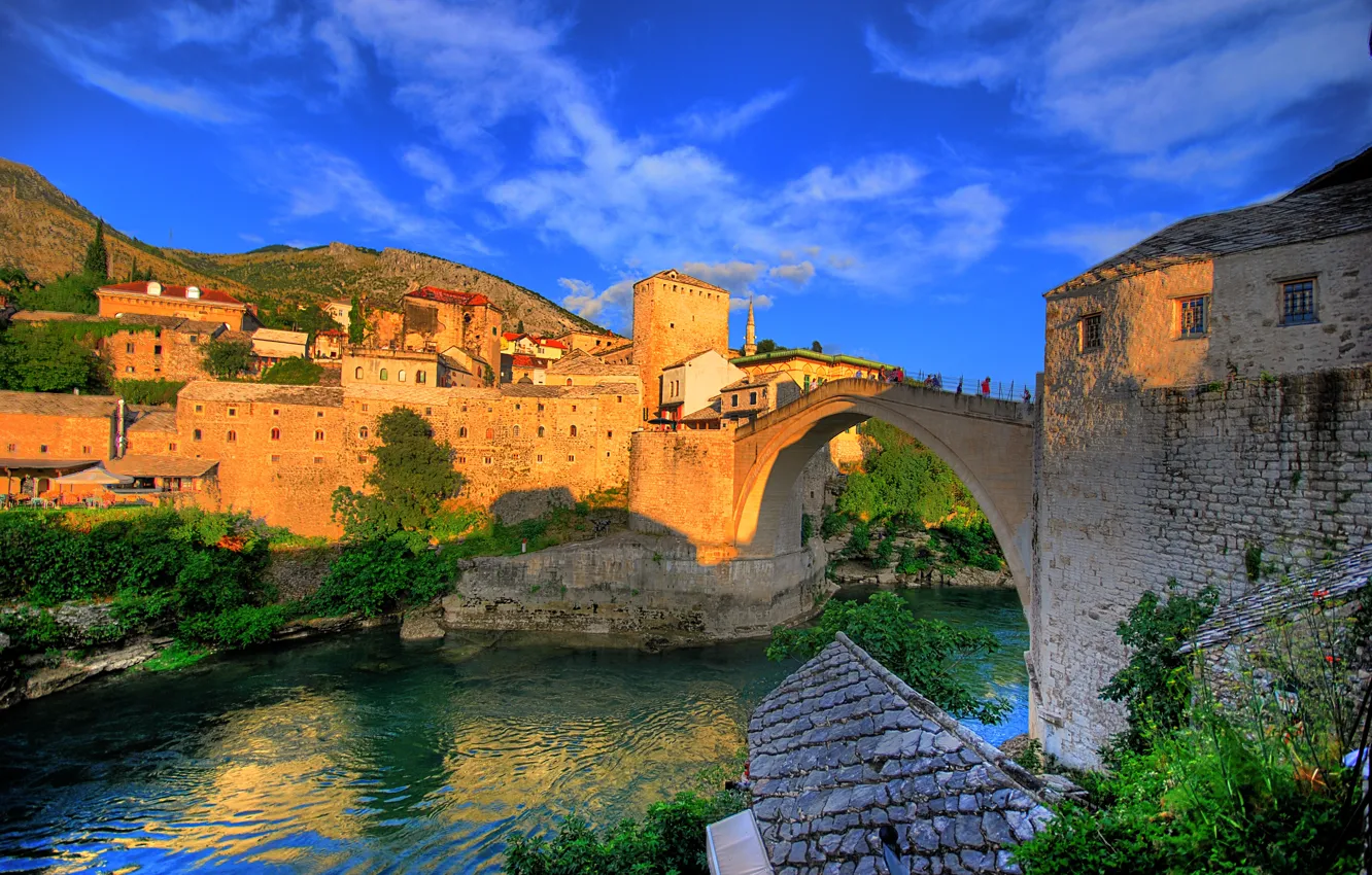 Фото обои мост, река, дома, Босния и Герцеговина, Mostar