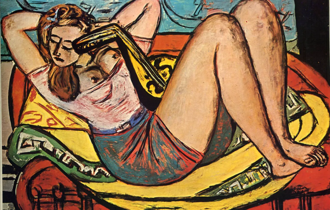 Фото обои грудь, кресло, 1950, Авангард, Экспрессионизм, Макс Бекман, Женщина с мандолиной в желтом и красном