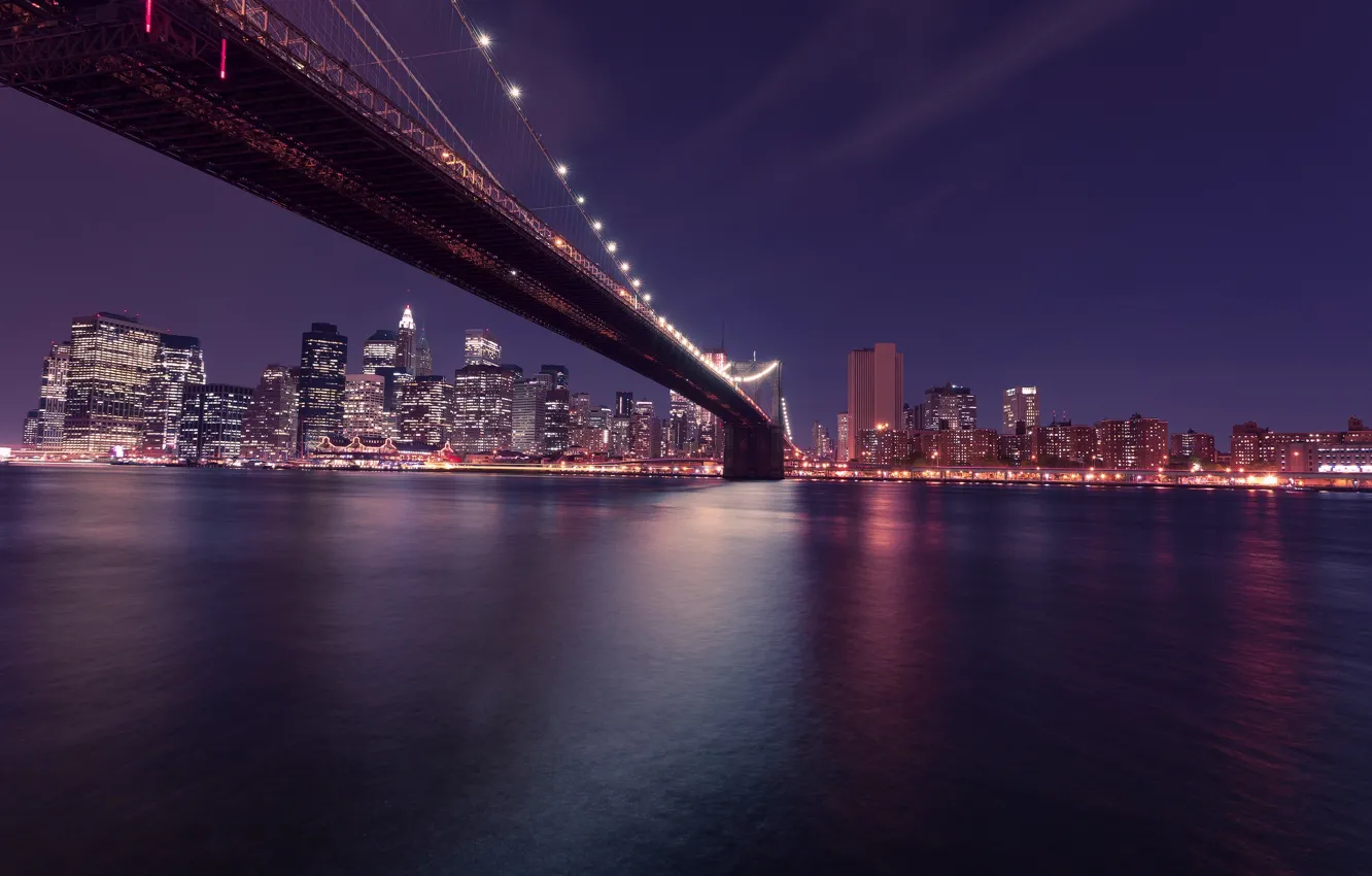 Фото обои ночь, город, огни, небоскребы, США, Бруклинский мост, Манхэттен, Manhattan