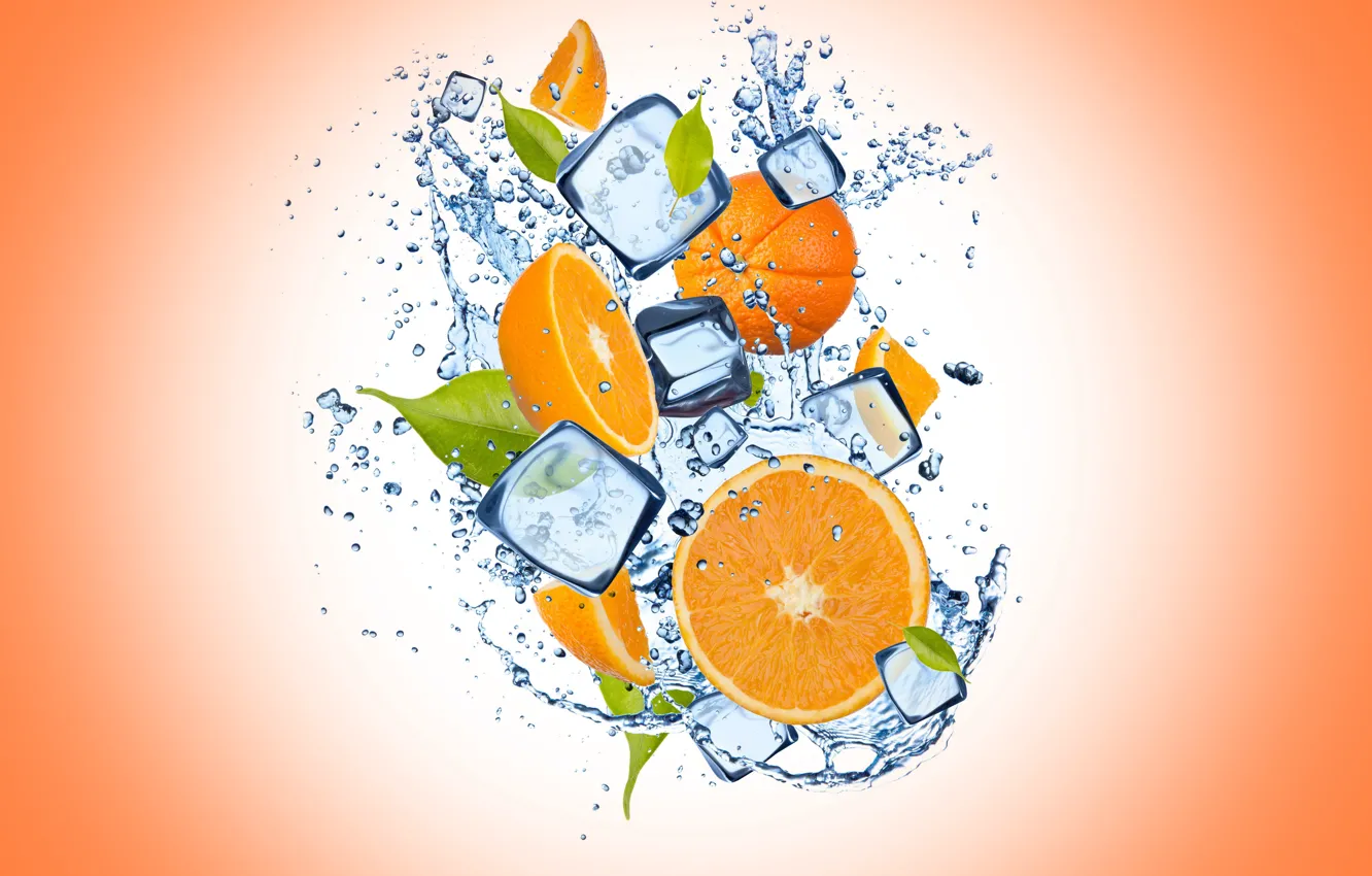 Фото обои лед, вода, капли, апельсин, ice, оранжевый фон, water, дольки