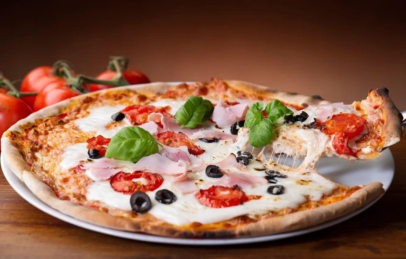 Фото обои сыр, пицца, помидоры, pizza, блюдо, маслины