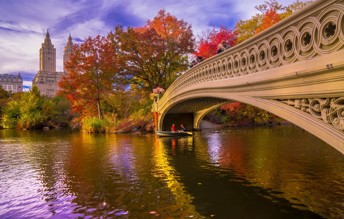 Фото обои осень, деревья, мост, природа, город, пруд, лодка, Нью-Йорк