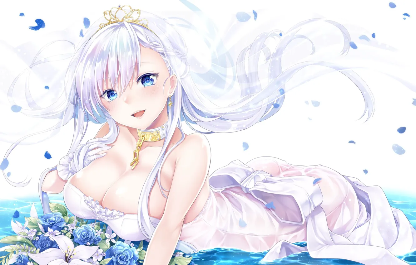 Фото обои Вода, Девушка, Букет, Невеста, Azur Lane