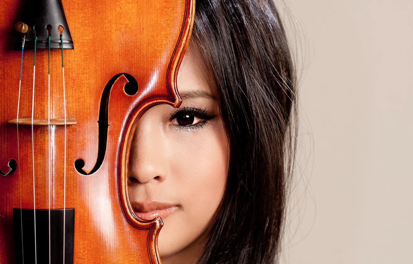 Фото обои взгляд, девушка, музыка, скрипка, азиатка