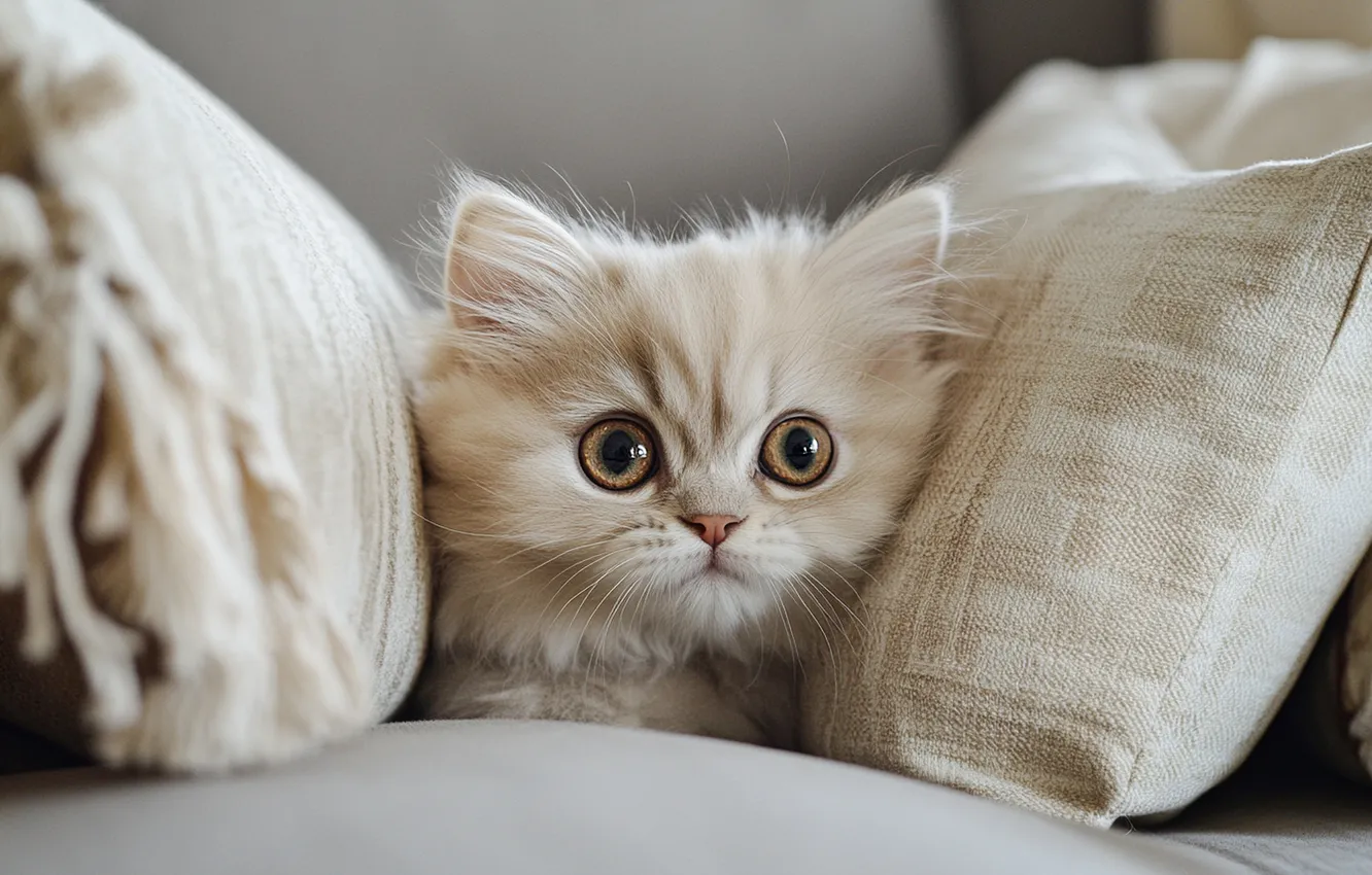 Фото обои кошка, белый, взгляд, поза, котенок, диван, портрет, кресло