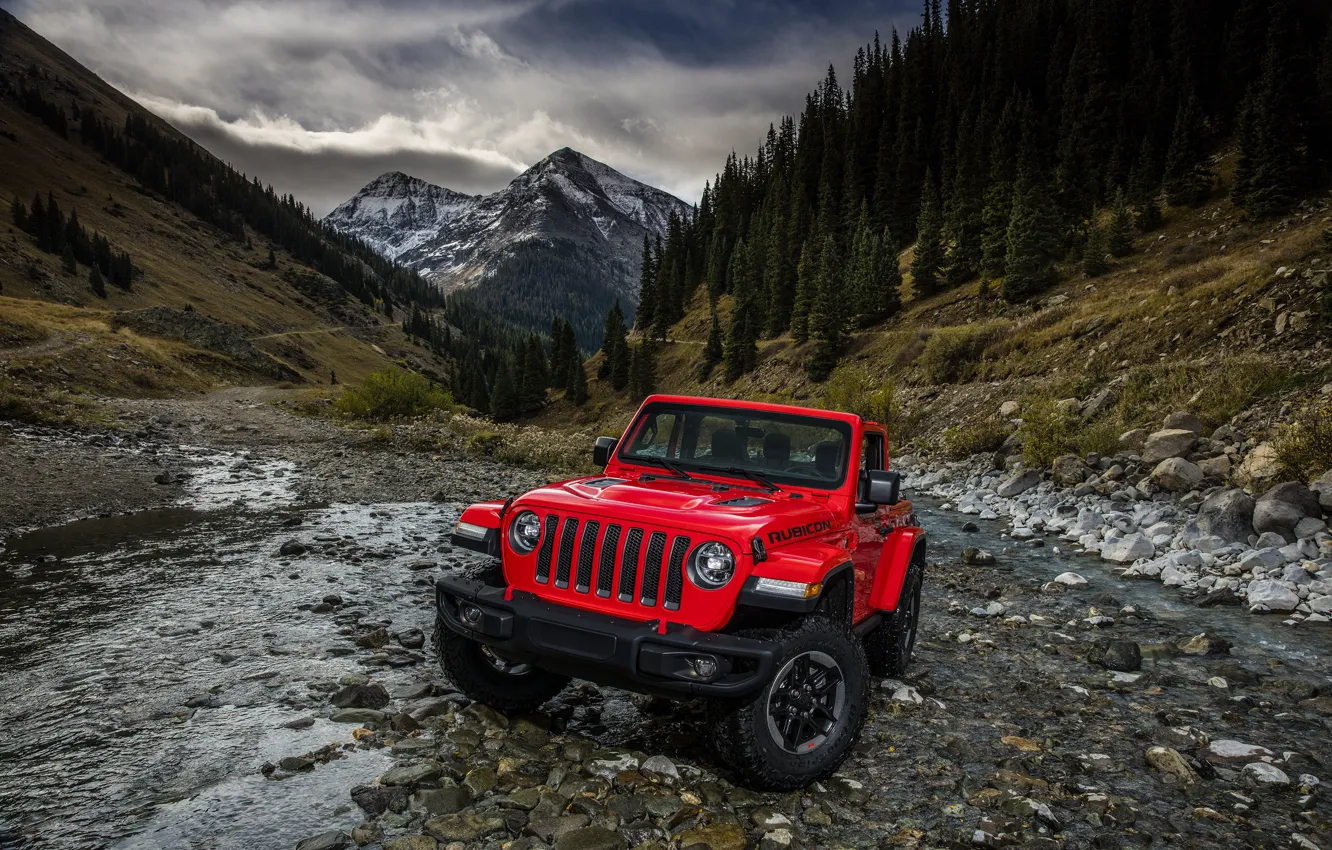 Фото обои горы, красный, ручей, склоны, 2018, Jeep, Wrangler Rubicon