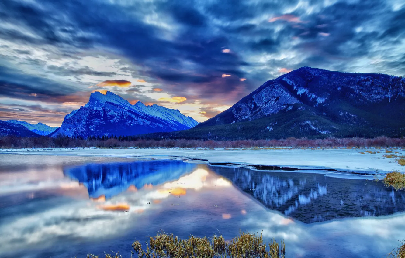 Фото обои зима, горы, озеро, Канада, Альберта, сумерки, национальный парк, Банф