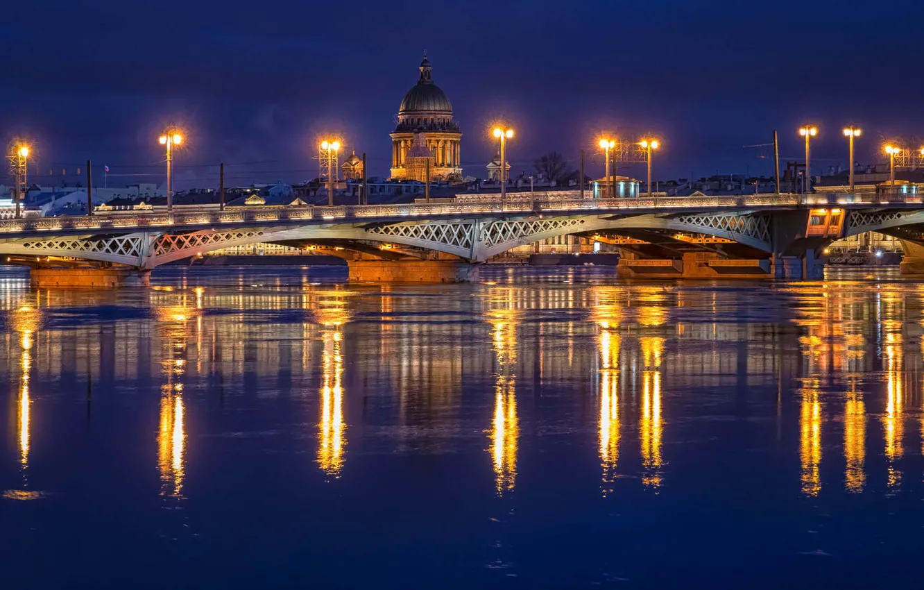 Фото обои ночь, мост, огни, река, фонари, Russia, питер, санкт-петербург