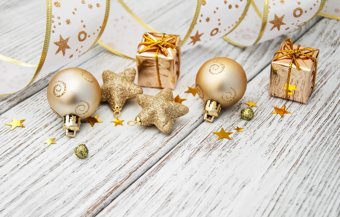 Фото обои украшения, шары, Новый Год, Рождество, лента, christmas, balls, wood