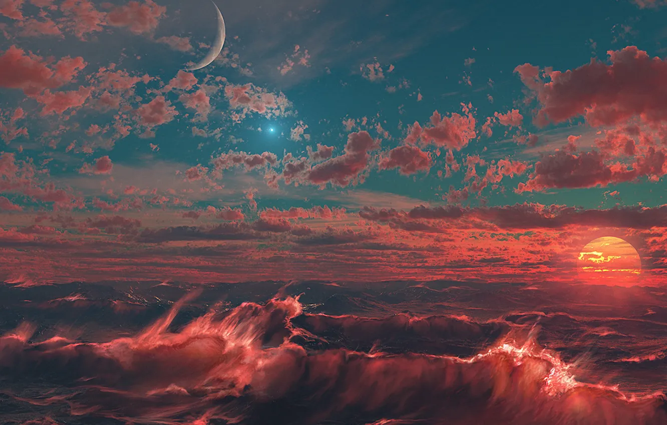 Фото обои волны, солнце, красный, луна