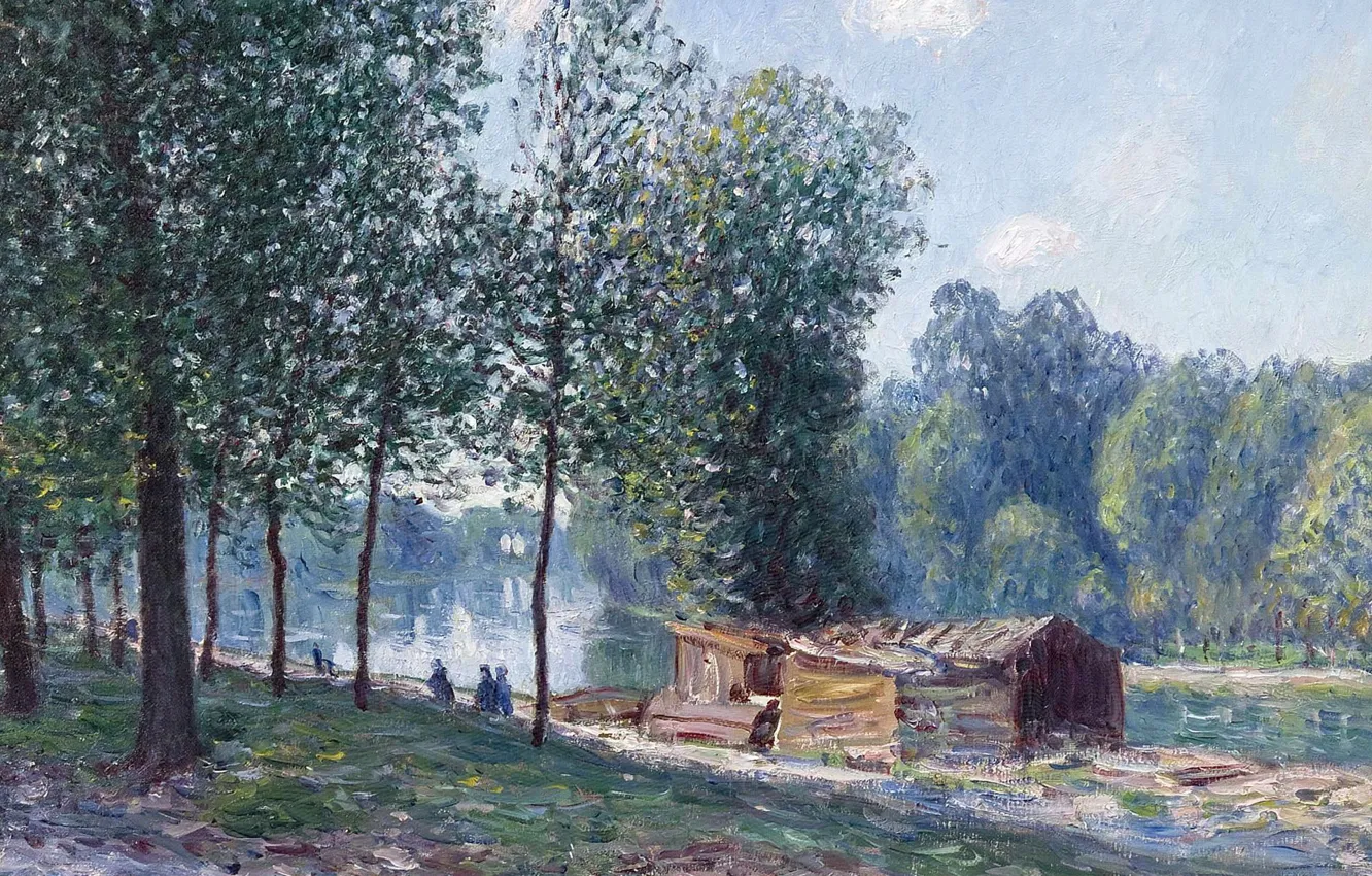 Фото обои деревья, река, картина, Alfred Sisley, Альфред Сислей, Хижины на Берегу Луэна. Утренний Эффект