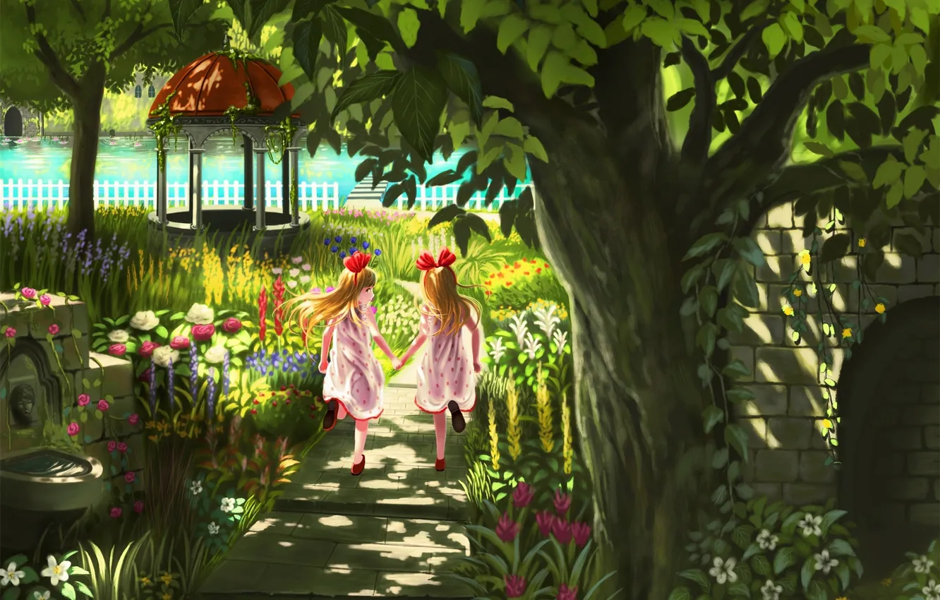 Фото обои цветы, природа, озеро, девочки, розы, аниме, арт, бант