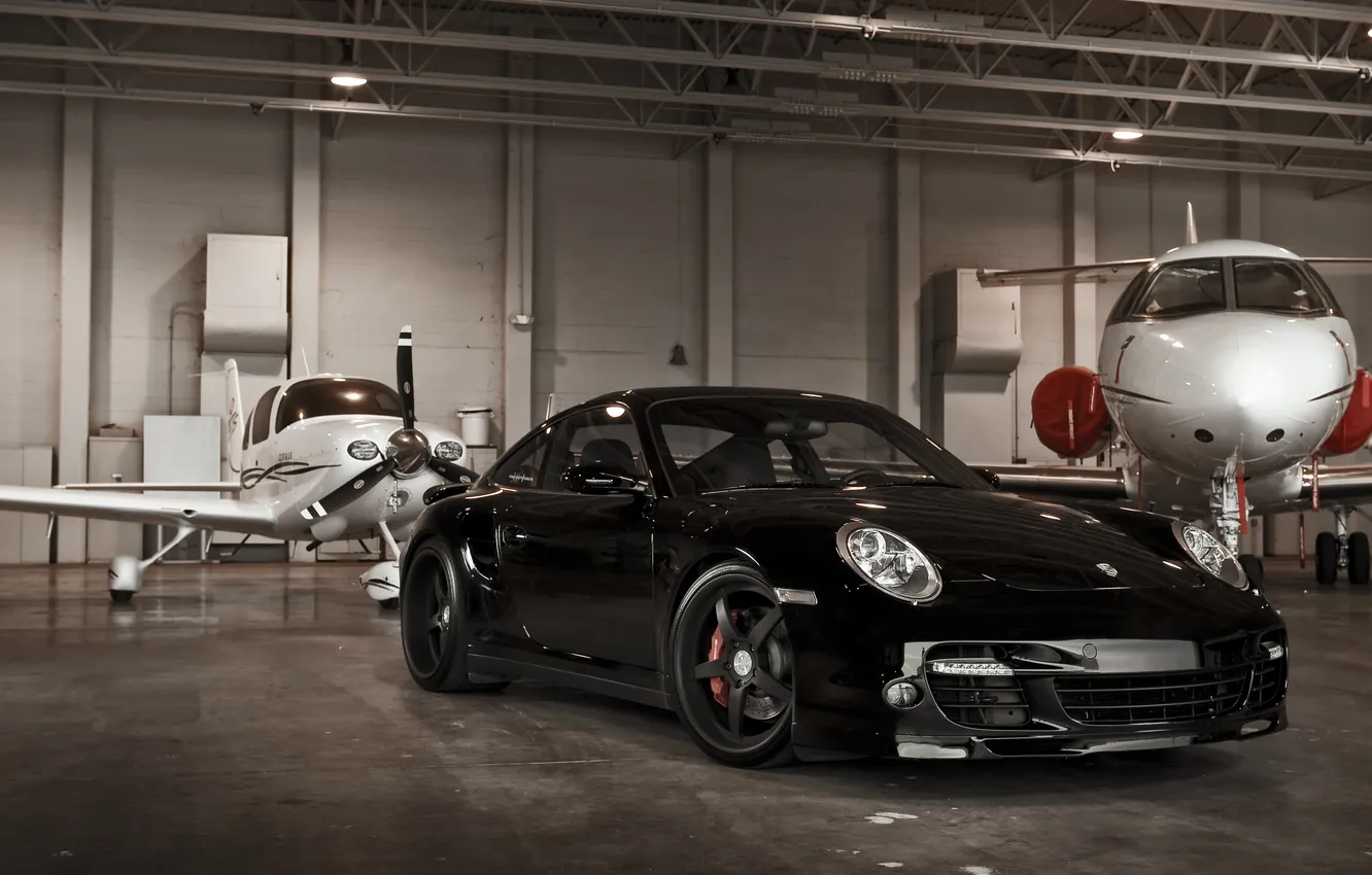 Фото обои чёрный, 997, Porsche, ангар, порше, black, Turbo, 360 three sixty forged