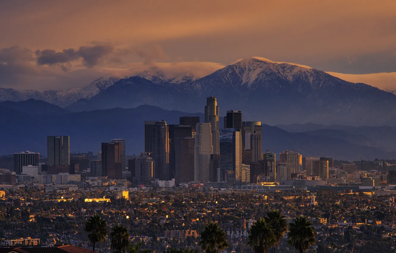 Фото обои горы, город, восход, утро, Калифорния, Лос-Анжелес