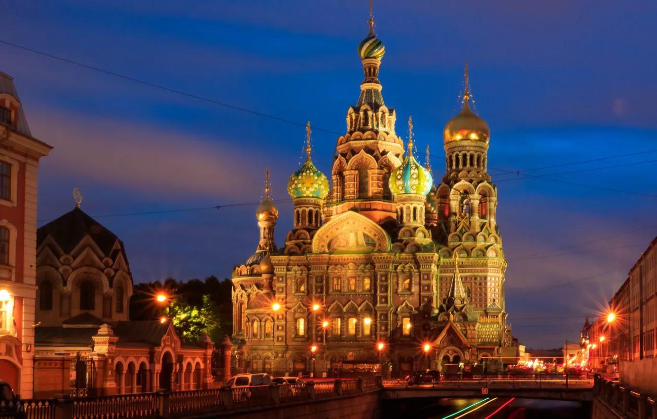 Фото обои Санкт-Петербург, храм, Россия, ночной город, Храм Спаса на Крови